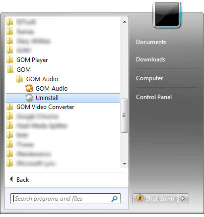 Launch the GOM Audio uninstaller from the Start Menu