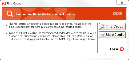 GOM Player plus - Codec Finder window